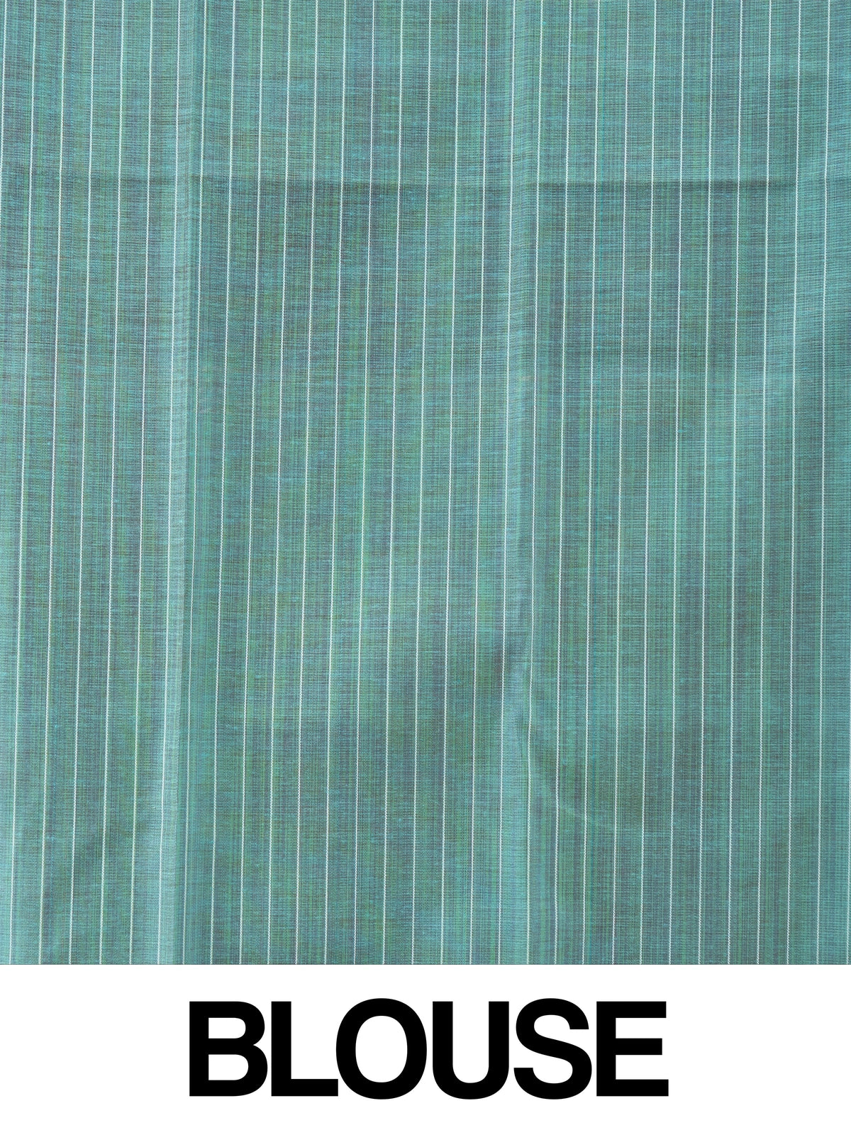 Teal linen cotton saree with white and gold checks, contrast zari border and striped turquoise pallu