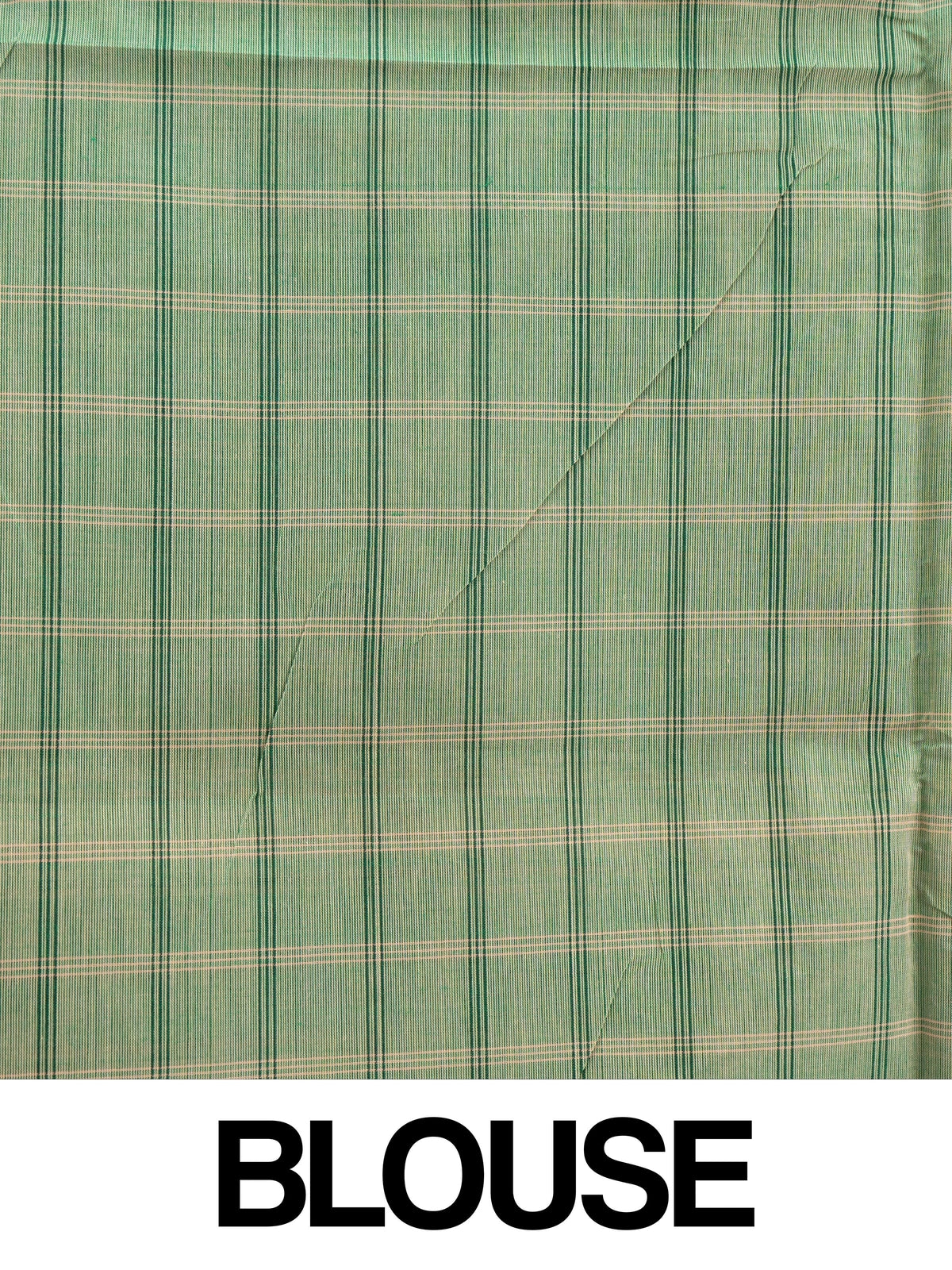 Green checked Chettinad cotton saree with navy buttas and contrast gold zari border