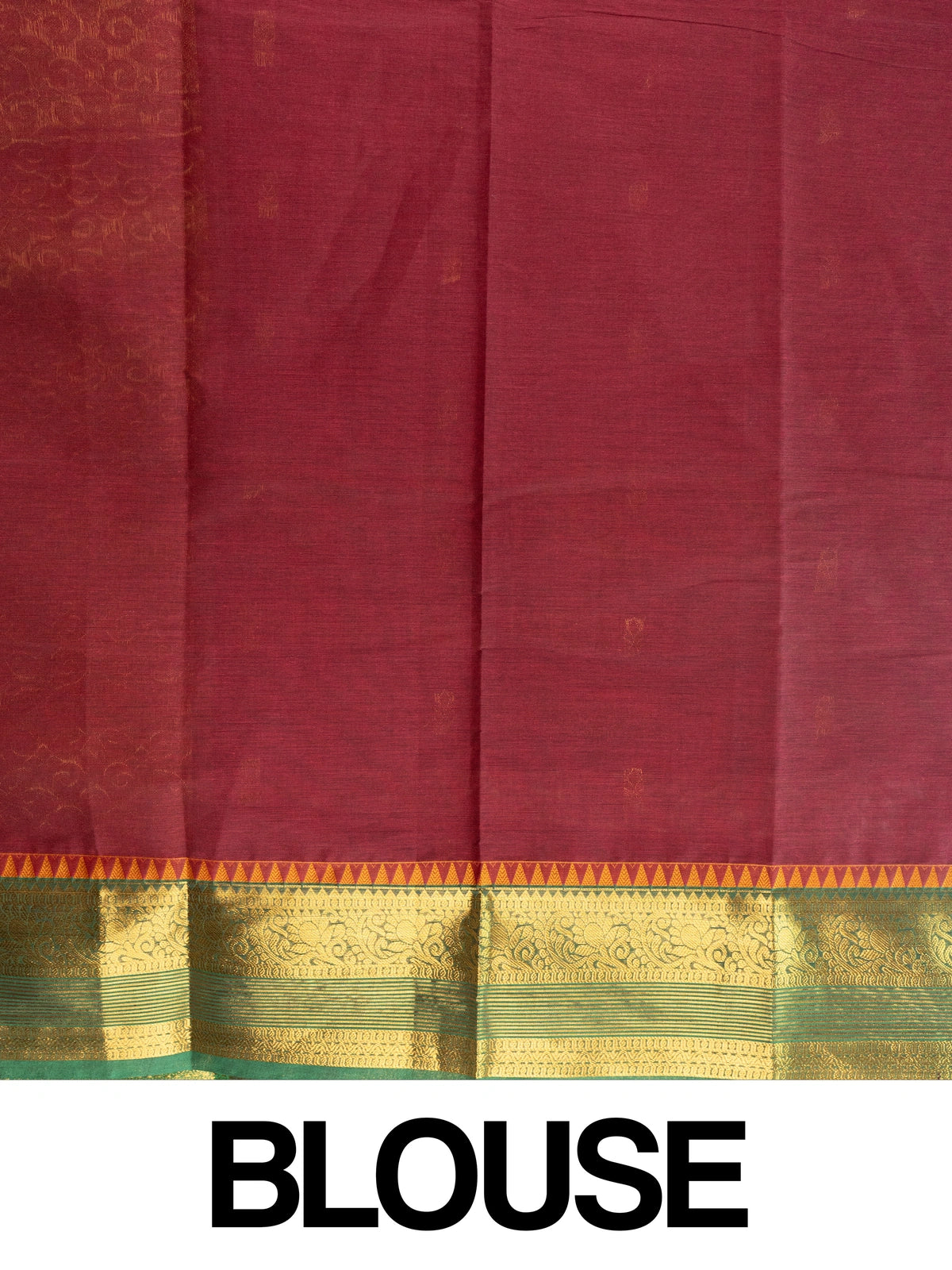 Maroon Chettinad cotton saree with green and gold zari contrast border and gold buttas