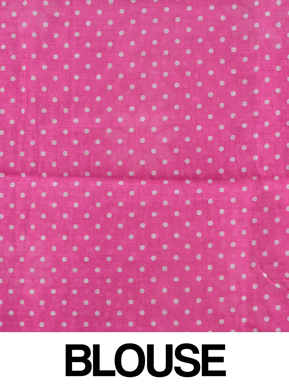Pink linen cotton saree with white polka dots, floral motifs and a gold zari border