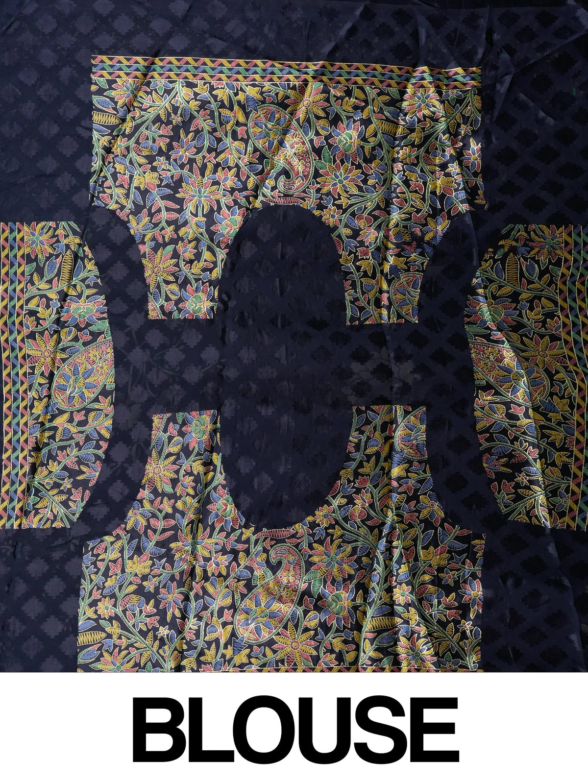 Navy blue designer saree with gold floral print, lotus pallu motifs and patola geometric border