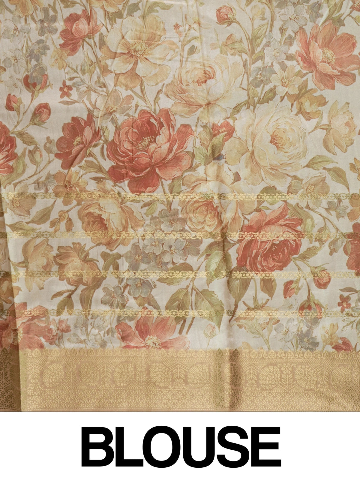 Cream floral print Dola silk saree with gold zari stripes and contrast woven border