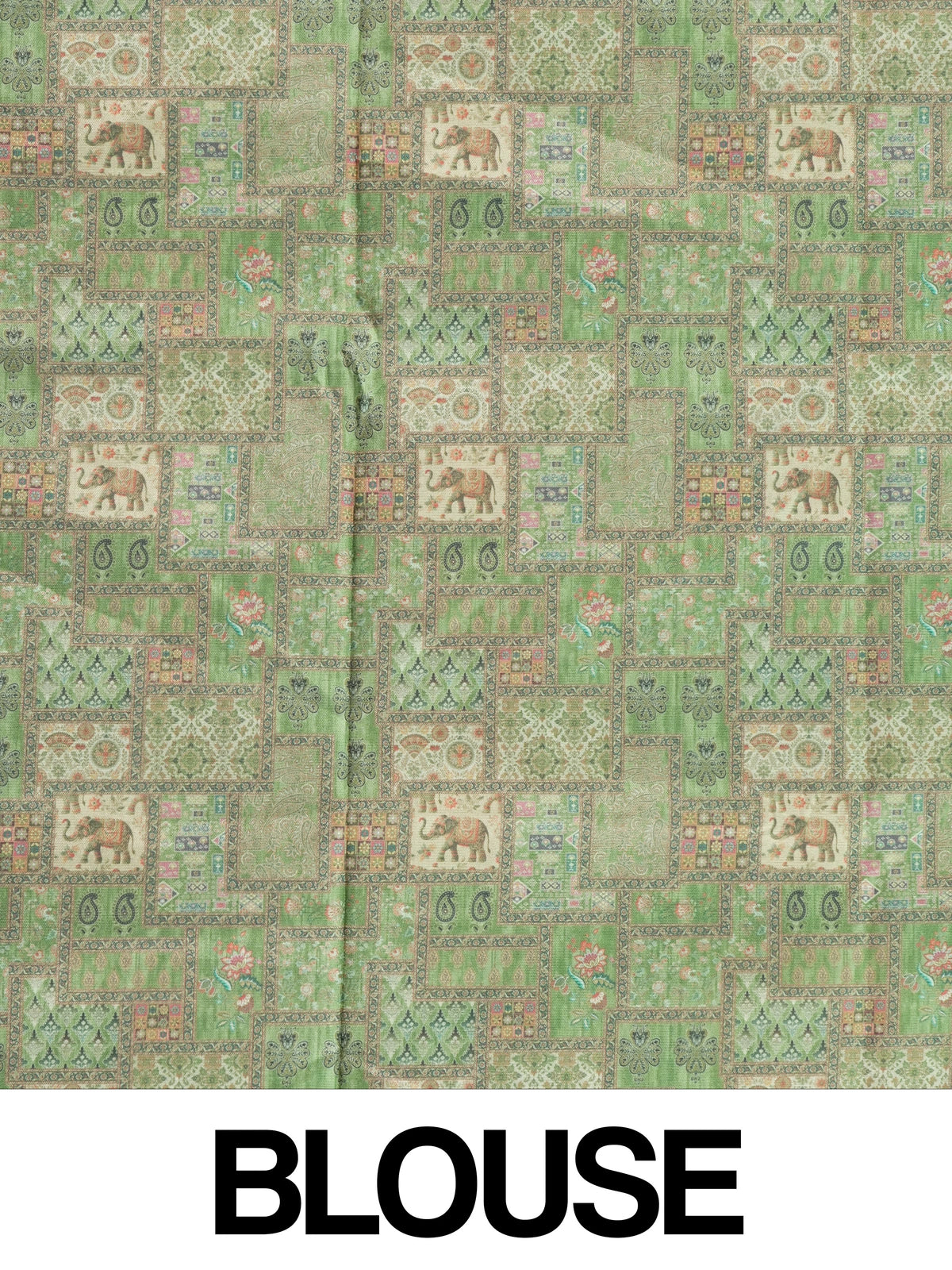 Green multicolour patchwork print Dola silk saree with elephant motifs and contrast zari border