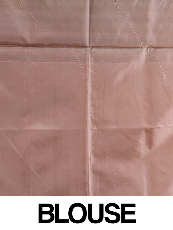 Green and peach Banana Silk saree with woven paisley motifs and striped contrast border