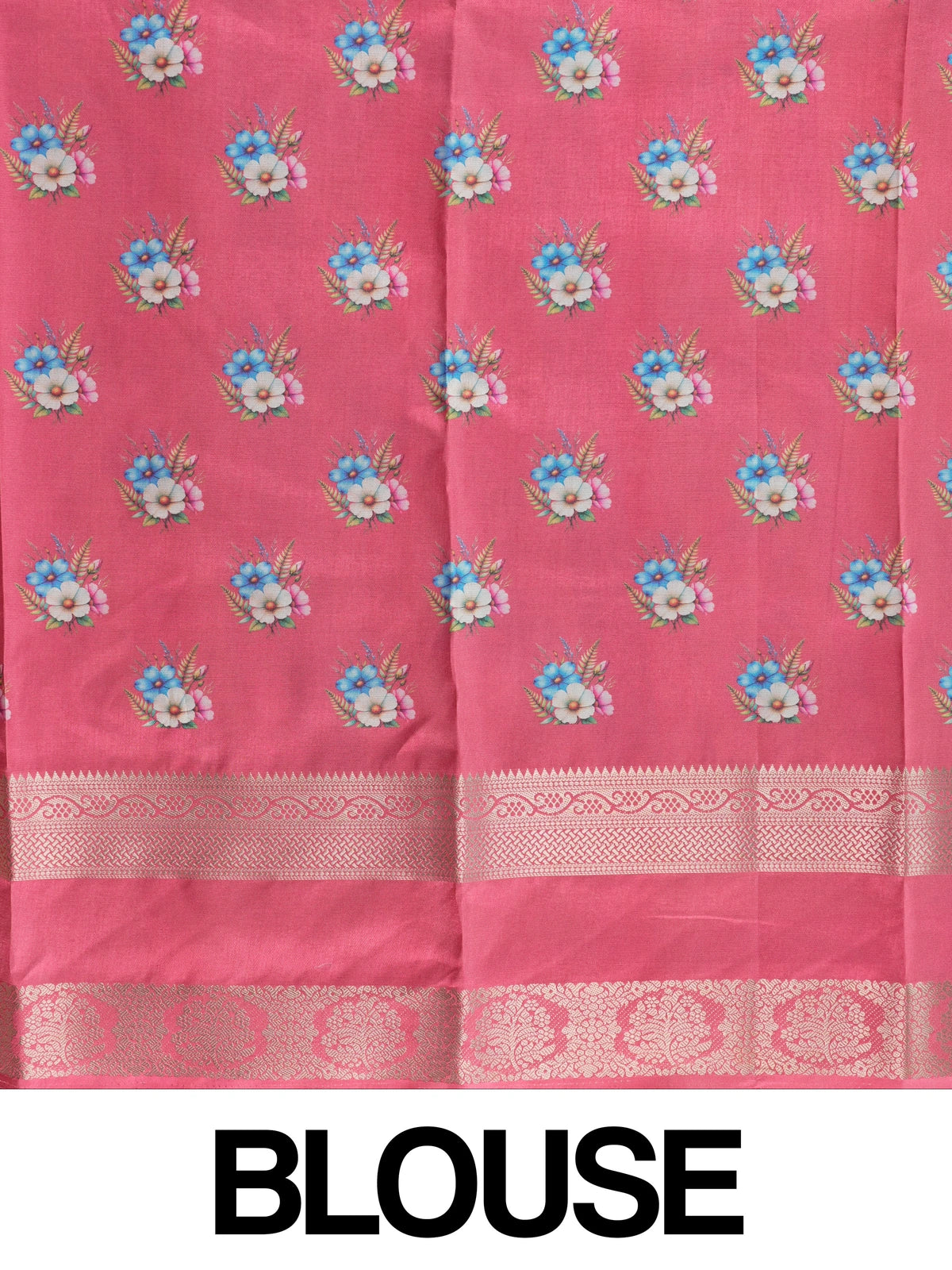 Cream Dola silk saree with multicolour floral print and contrast pink silver zari border