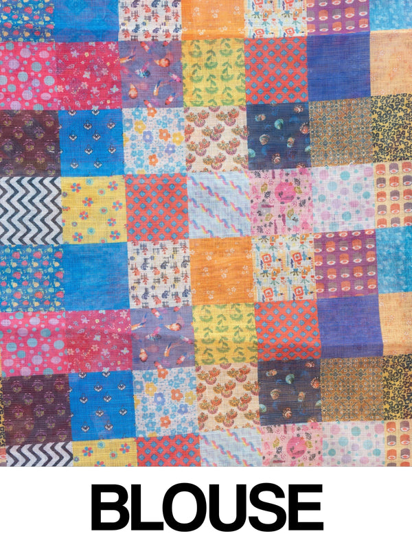 Peach linen cotton saree with multicolour patchwork printed pallu and border