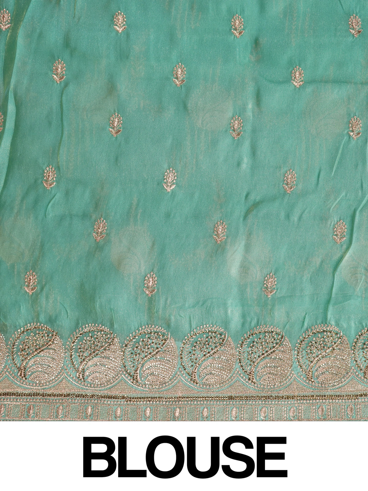 Sea green designer saree with gold zari floral embroidery and embellished scalloped border