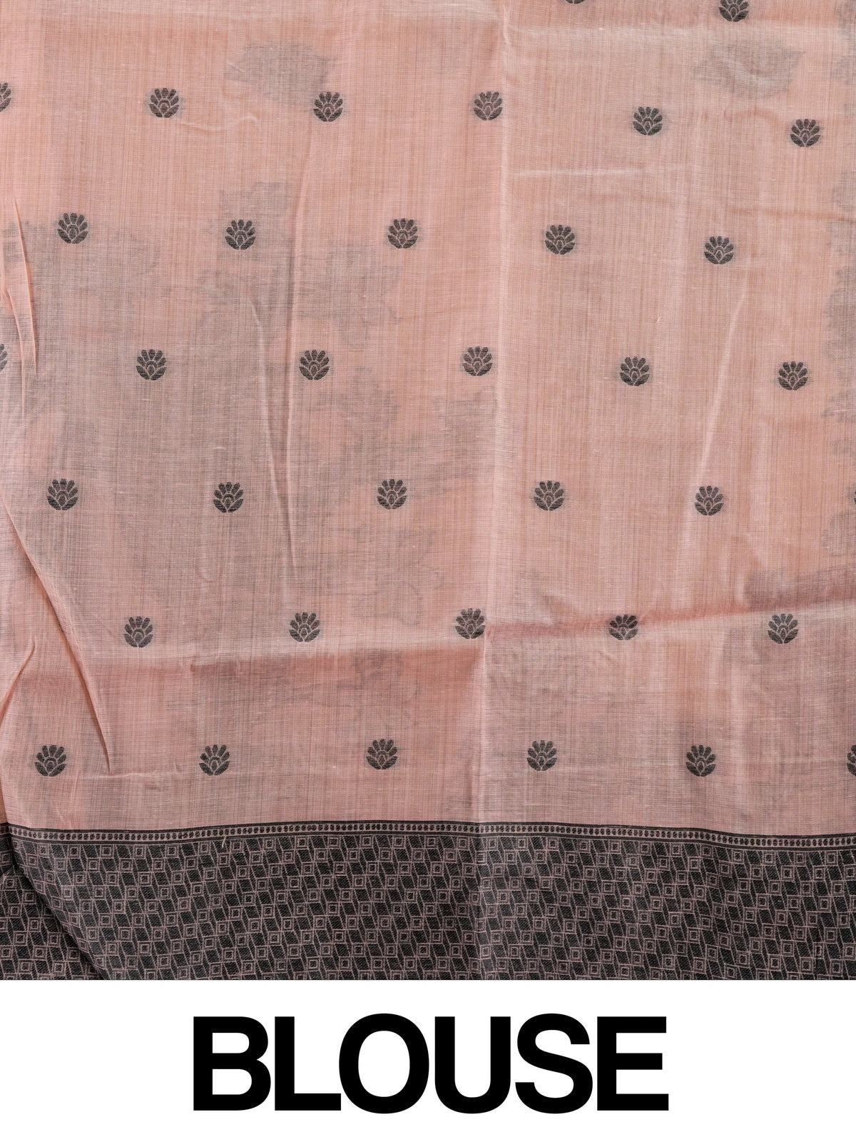 Peach linen cotton saree with grey floral border, paisley buta body and figurative peacock-deer pallu