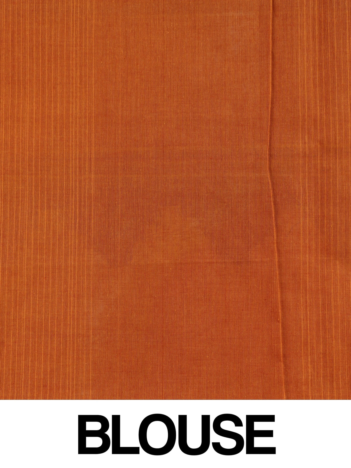 Rust orange silk cotton saree with pink zari border and blue and red peacock motifs