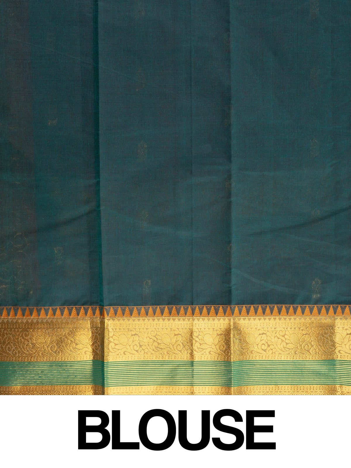 Teal green Chettinad cotton saree with gold zari buttas, temple border and contrast maroon zari pallu