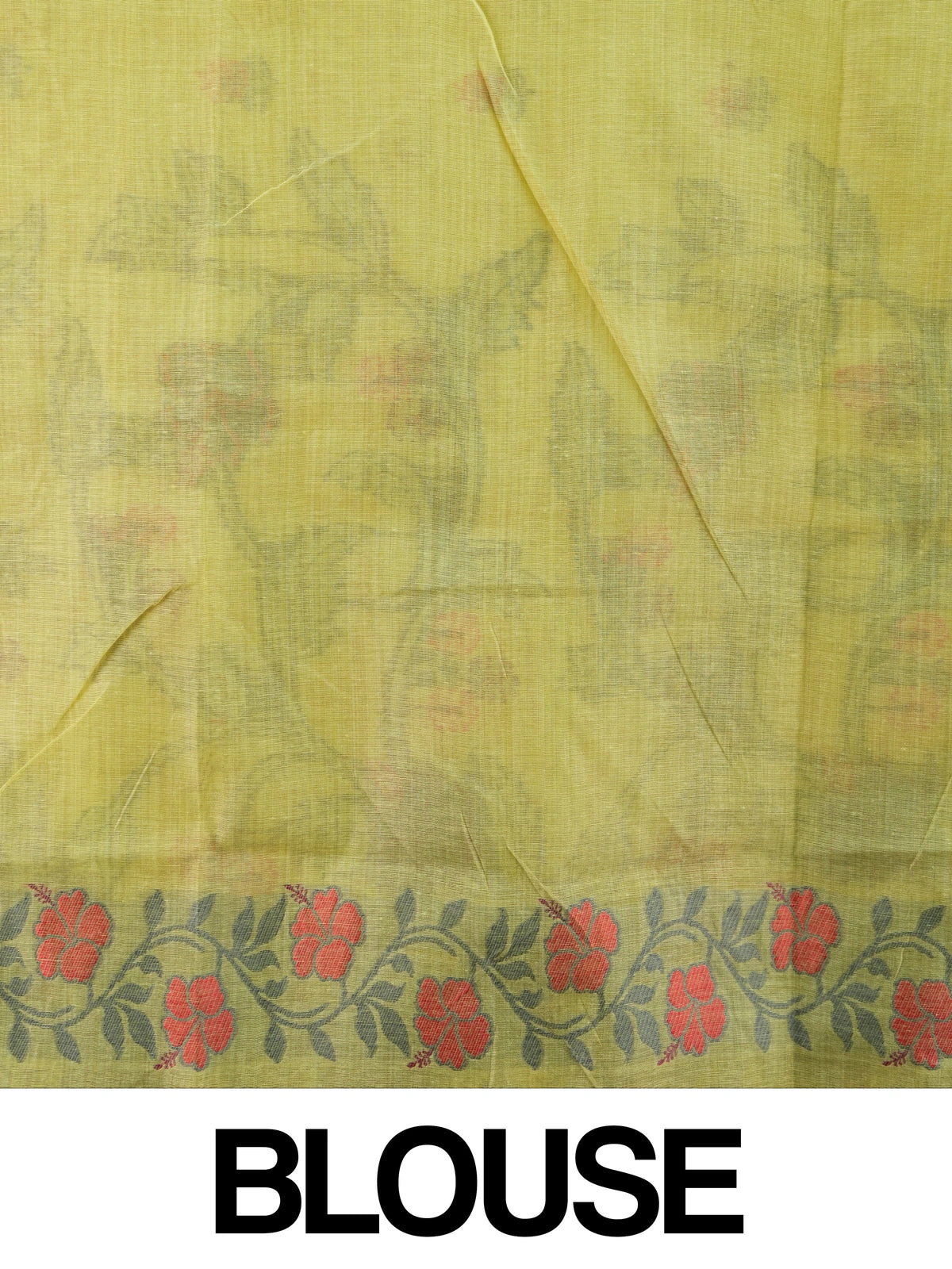 Lime yellow linen cotton saree with multicolour floral buttis and woven floral vine border