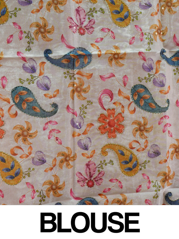 Mustard yellow tissue designer saree with shimmering body and contrast floral printed blouse
