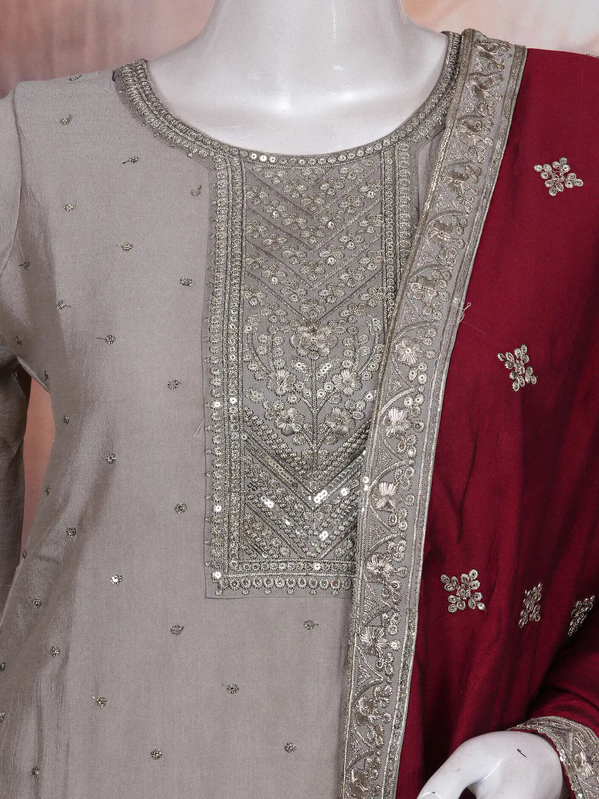 Grey with Maroon Dupatta Ready Made Kurti Set
