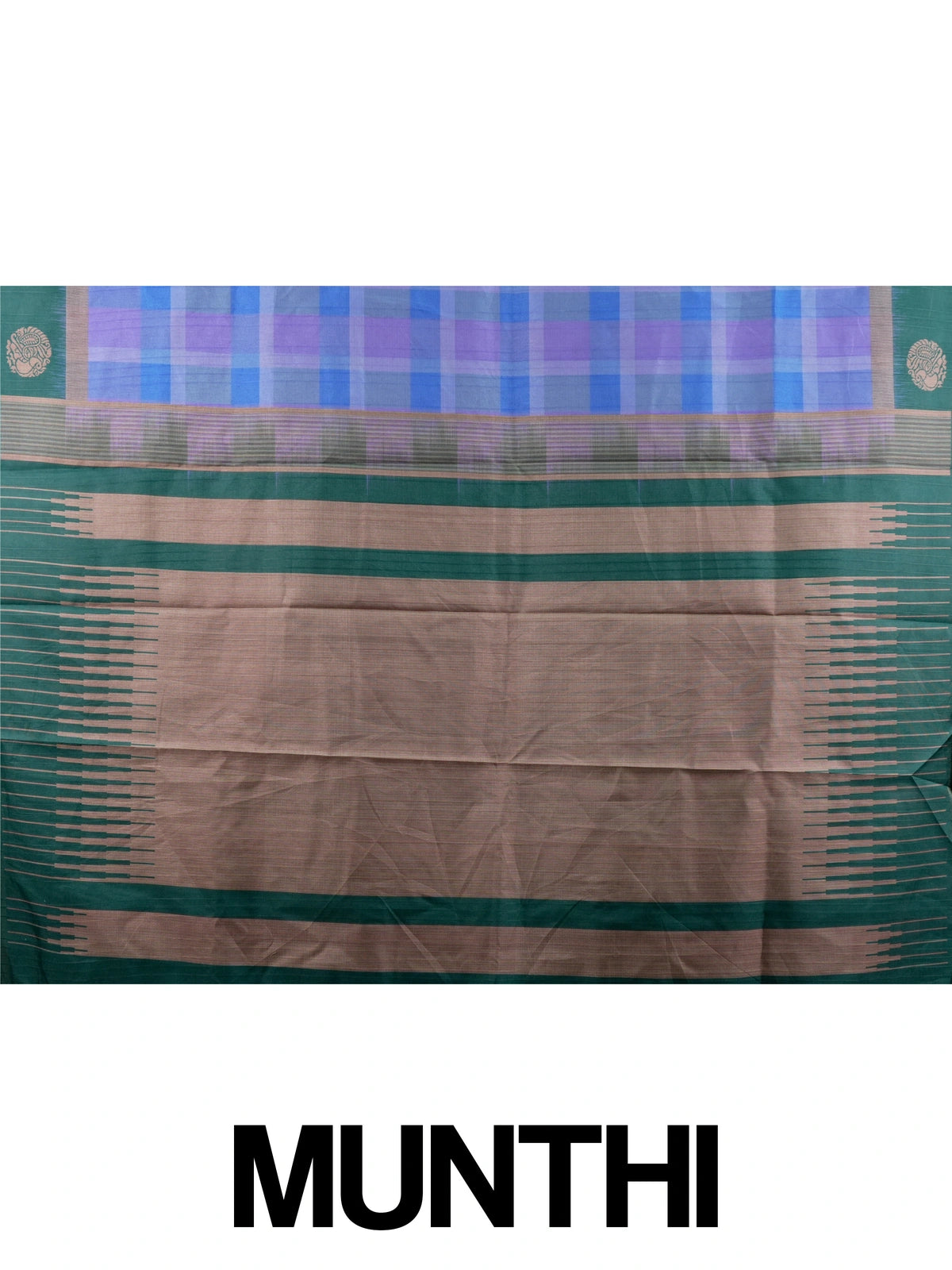 Lavender and blue checked Dola silk saree with green contrast border and copper motifs