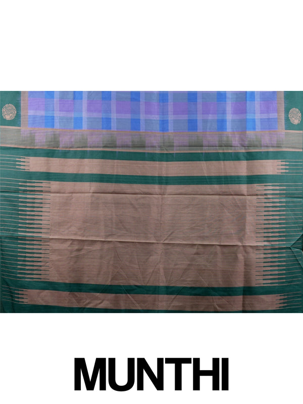 Lavender and blue checked Dola silk saree with green contrast border and copper motifs