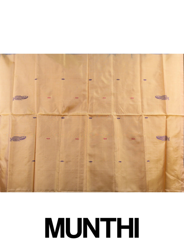 Navy blue banana silk saree with mustard contrast pallu and silver zari peacock buttas