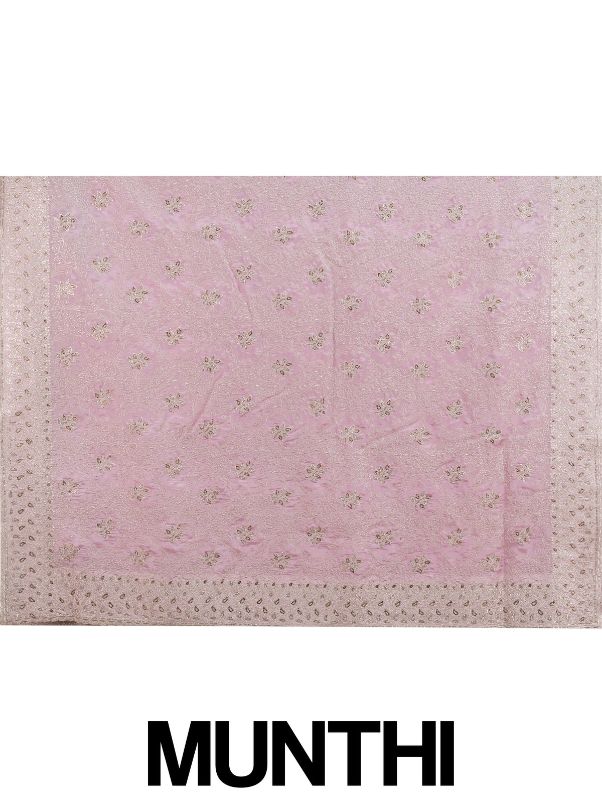 Dusty pink designer saree with all-over silver floral and paisley embroidery and an ornate border