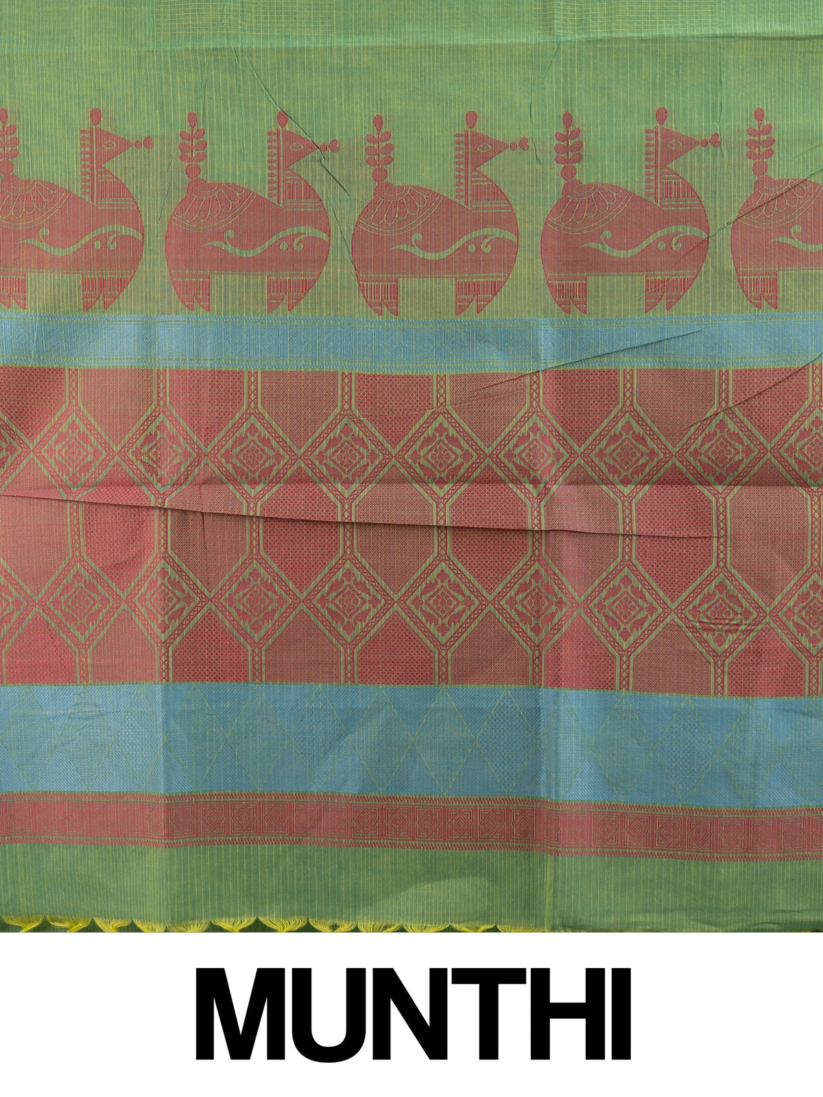 Green silk cotton saree with pink animal motifs and contrast blue-pink border