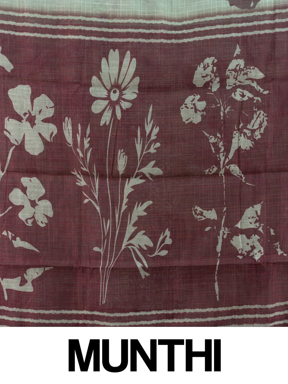 Sage green linen cotton saree with maroon floral prints and contrast maroon border