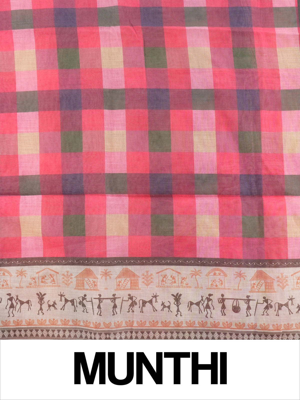Pink and cream checked linen cotton saree with Warli tribal print border and contrast yellow blouse