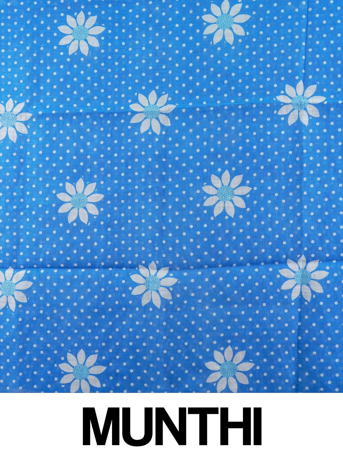 Bright blue linen cotton saree with white polka dots, daisy floral motifs and silver zari border