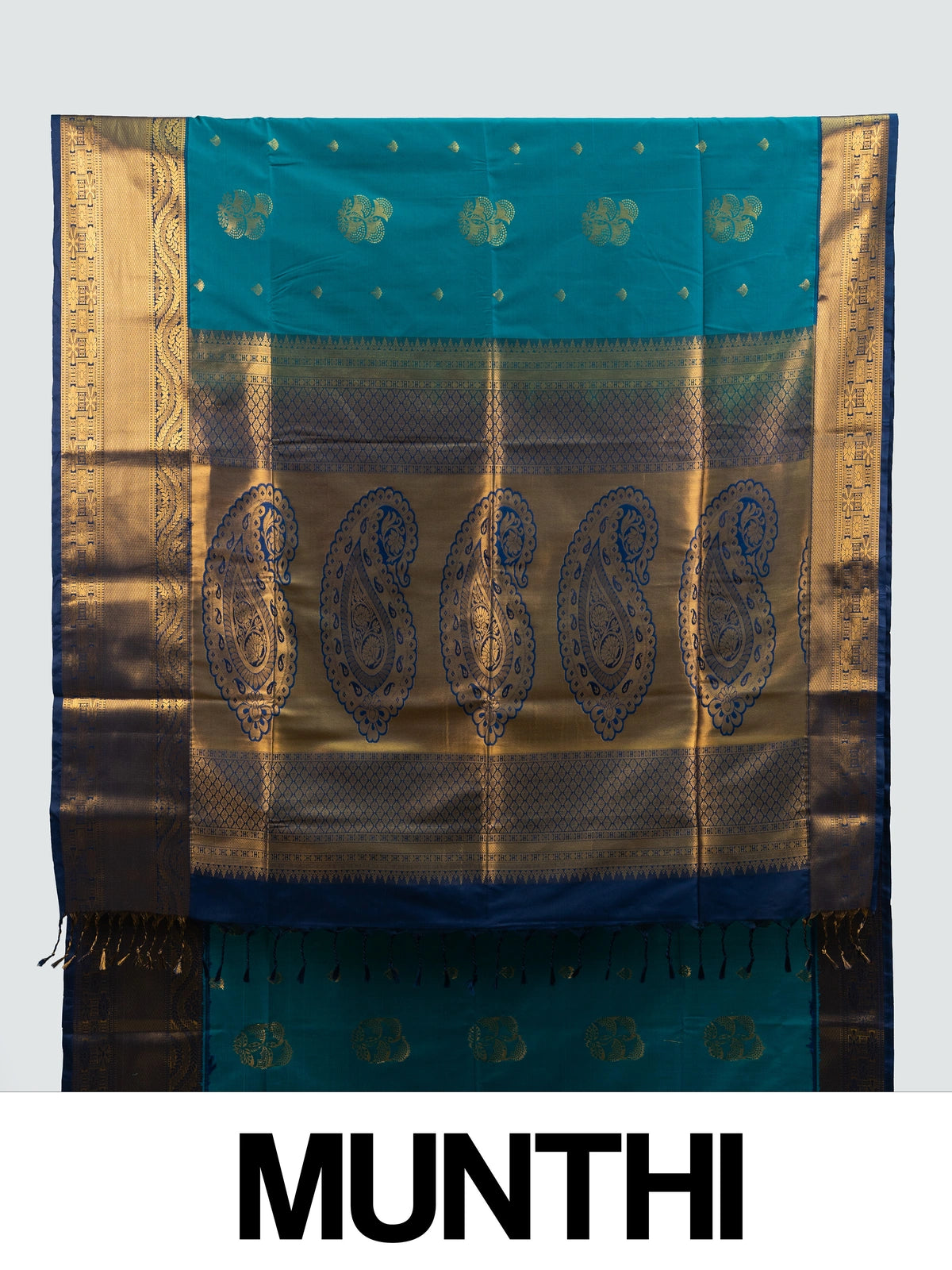 Peacock teal Kanchipuram Fancy Silk saree with contrast navy border and gold zari paisley pallu