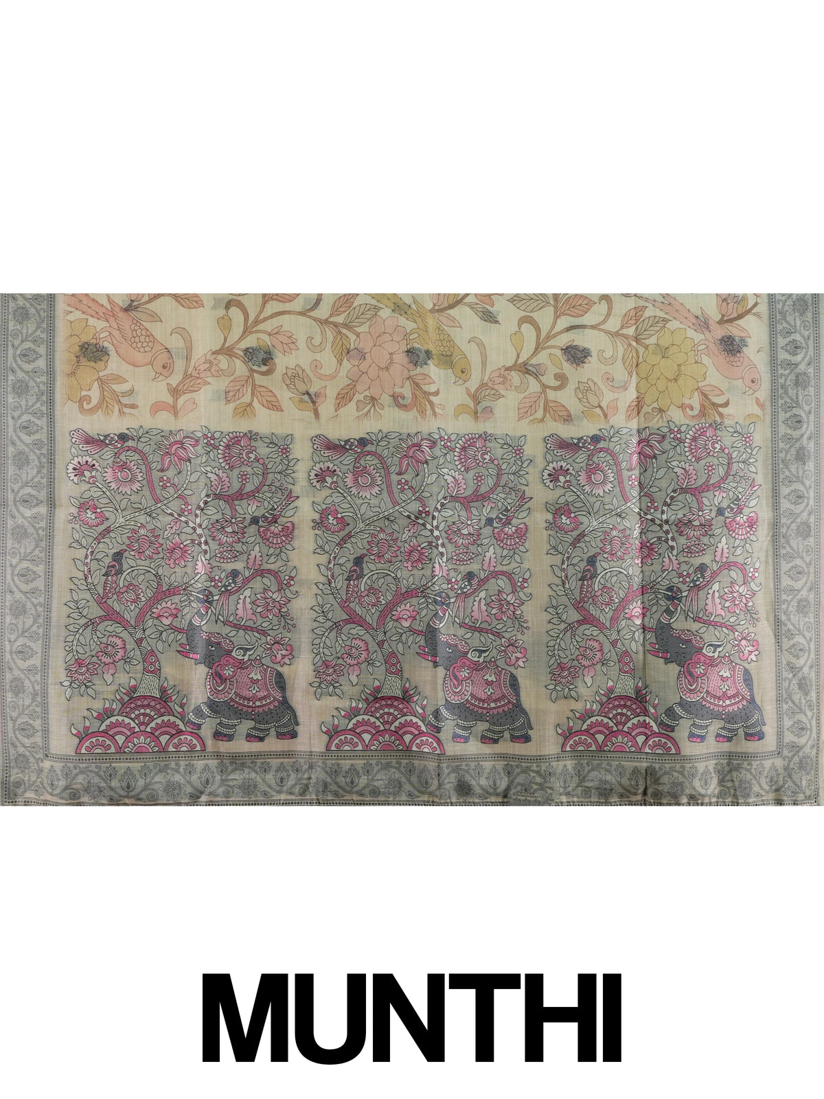 Beige linen cotton saree with Kalamkari floral print, parrot motifs and grey elephant pallu