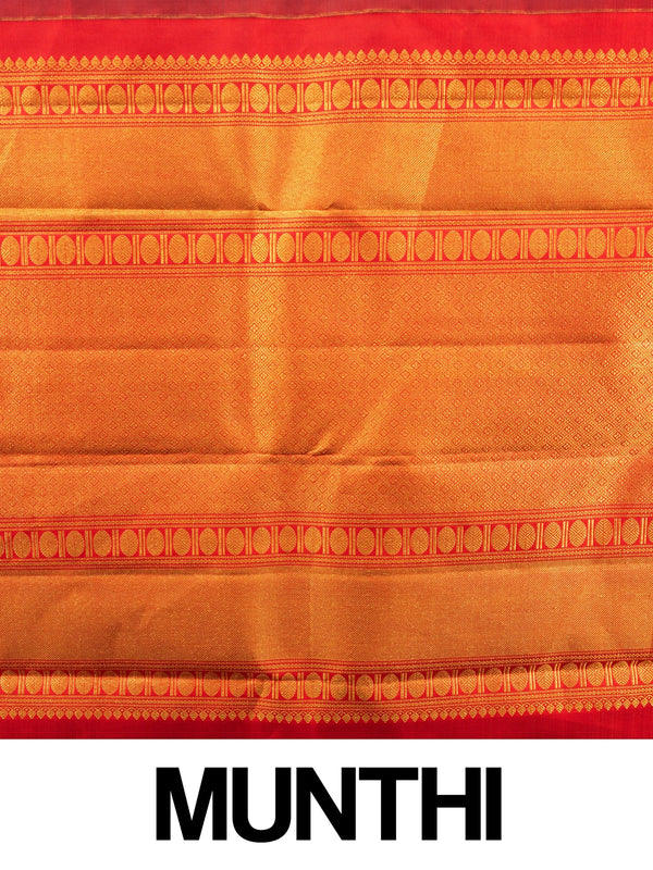 Navy blue pure Kanchipuram silk saree with contrast red gold zari border and pallu