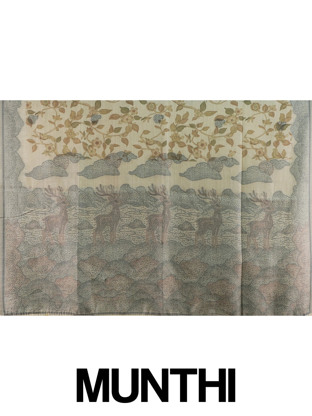 Beige linen cotton saree with kalamkari floral-bird print, grey-green contrast border and deer-motif pallu