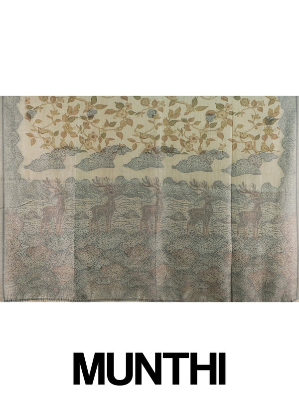 Beige linen cotton saree with kalamkari floral-bird print, grey-green contrast border and deer-motif pallu