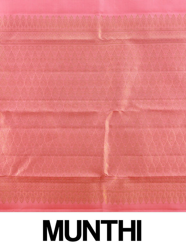 Rose pink pure Kanchipuram silk saree with gold zari checked body and broad zari border
