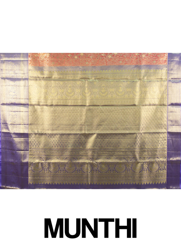 Peach orange pure Kanchipuram silk saree with floral gold zari body and contrast purple border