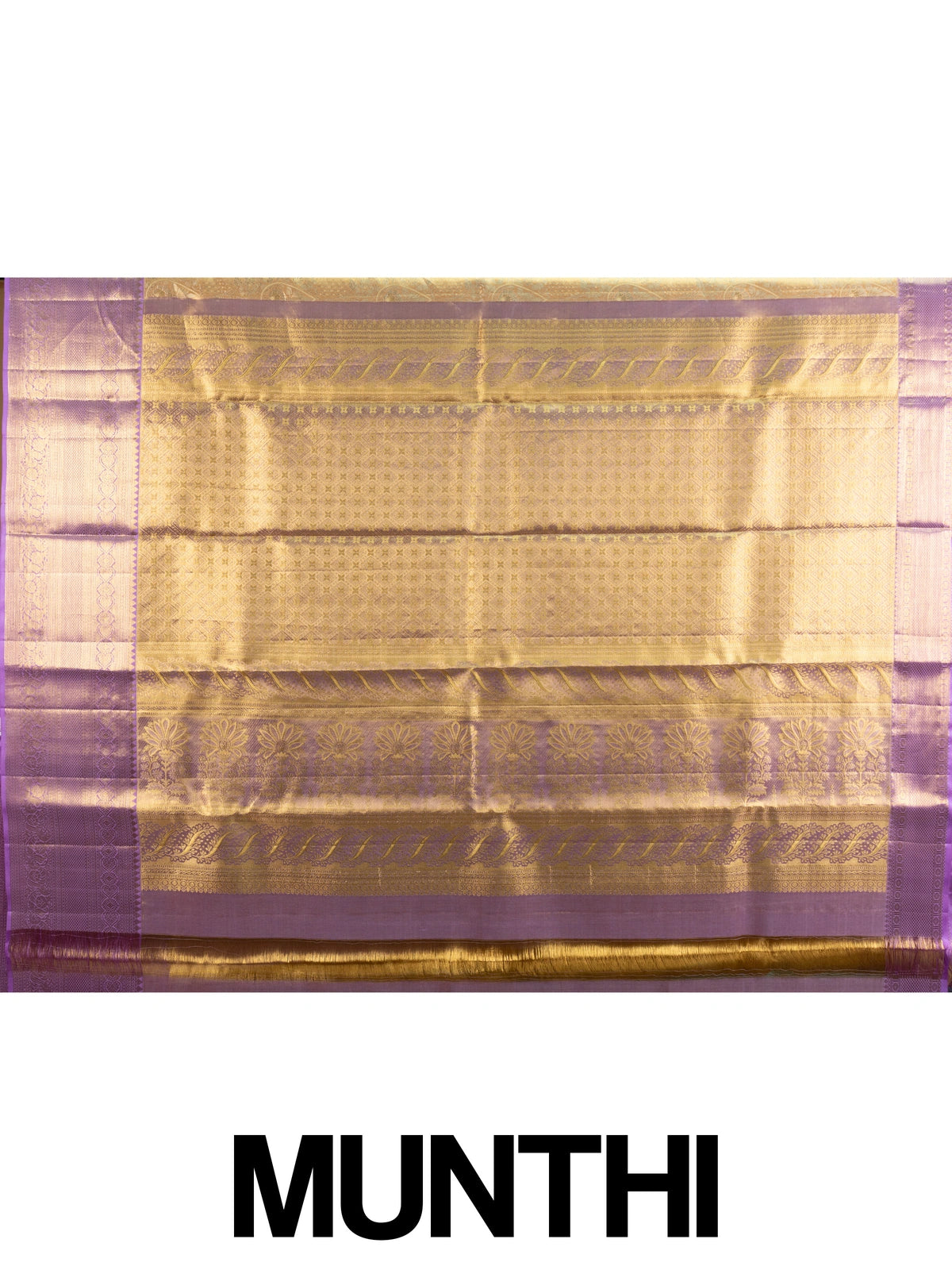 Gold pure Kanchipuram silk saree with contrast lavender zari border and peacock motif pallu