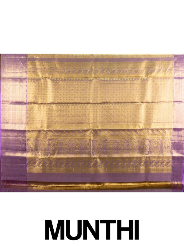 Gold pure Kanchipuram silk saree with contrast lavender zari border and peacock motif pallu