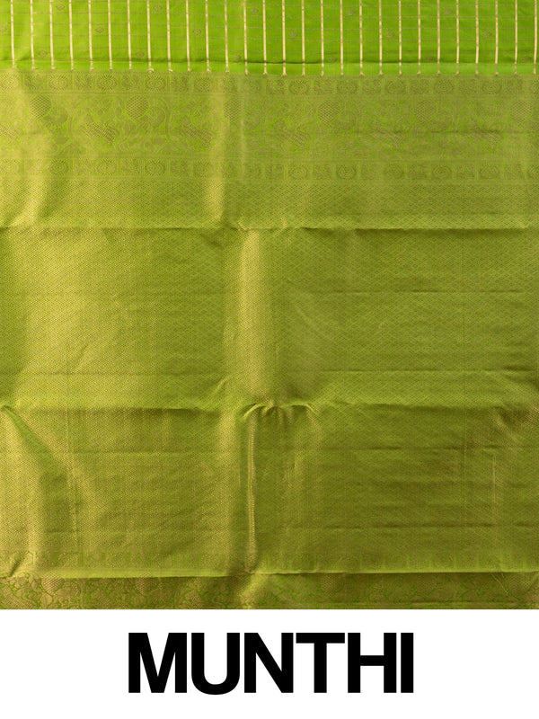 Parrot green pure Kanchipuram silk saree with gold zari checks and ornate zari border