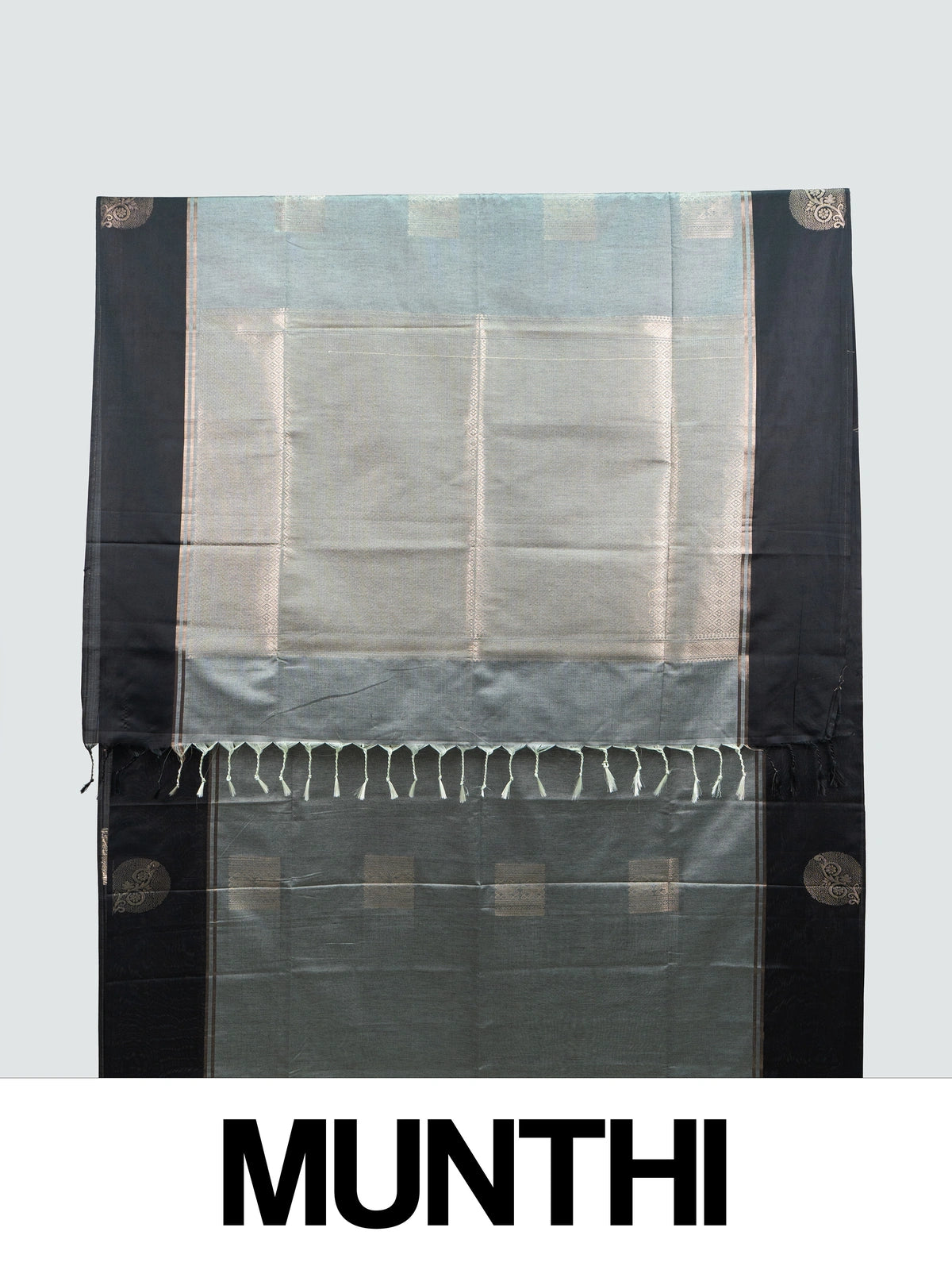 Grey and black Kanchipuram fancy silk saree with copper-gold zari butta motifs and contrast zari border