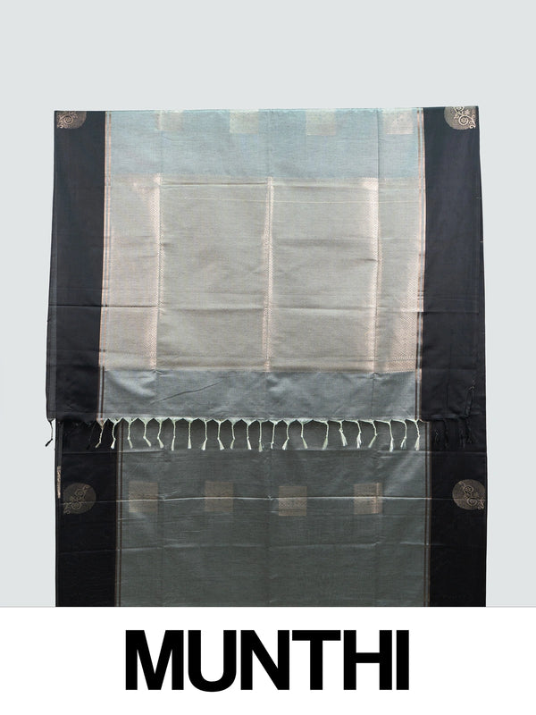 Grey and black Kanchipuram fancy silk saree with copper-gold zari butta motifs and contrast zari border