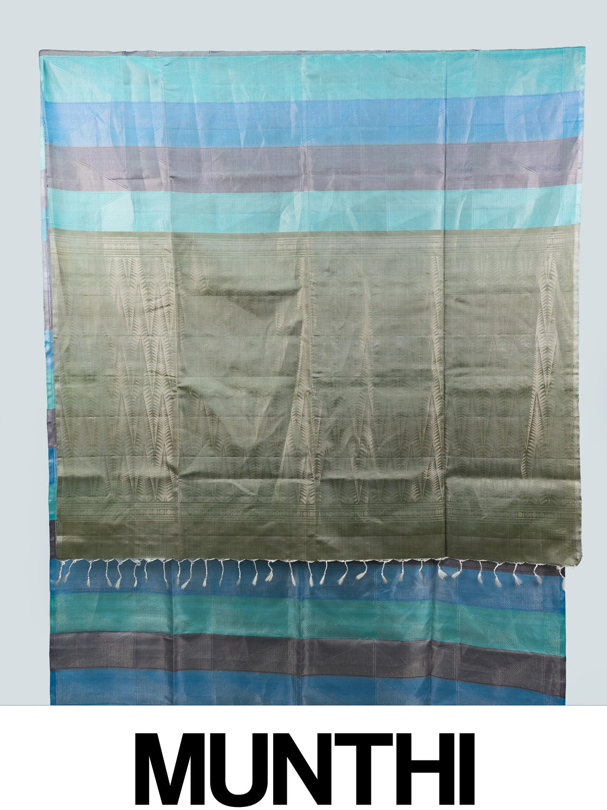 Blue and teal checked soft silk saree with contrast olive-green woven pallu and border