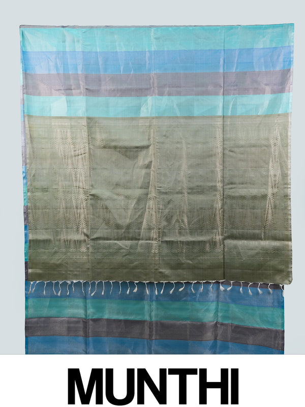 Blue and teal checked soft silk saree with contrast olive-green woven pallu and border