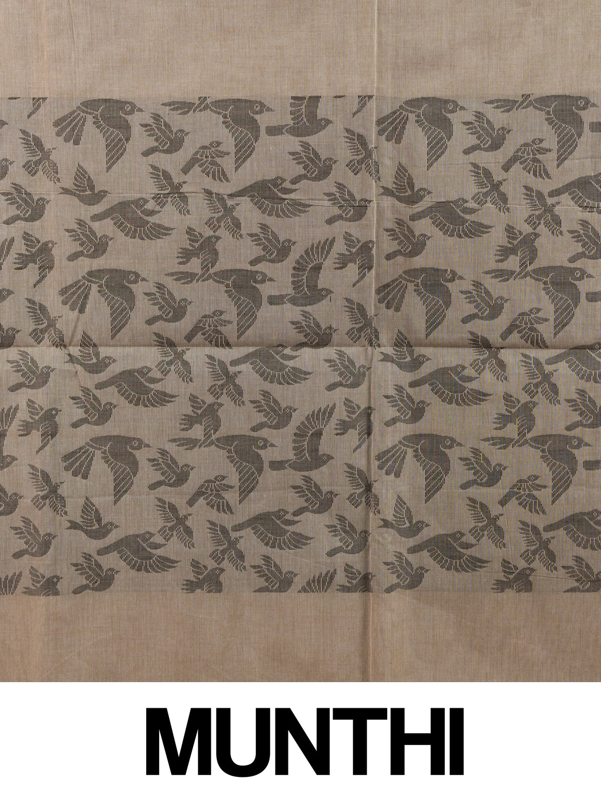 Beige silk cotton saree with grey and maroon flying-bird motifs and a bird-patterned pallu