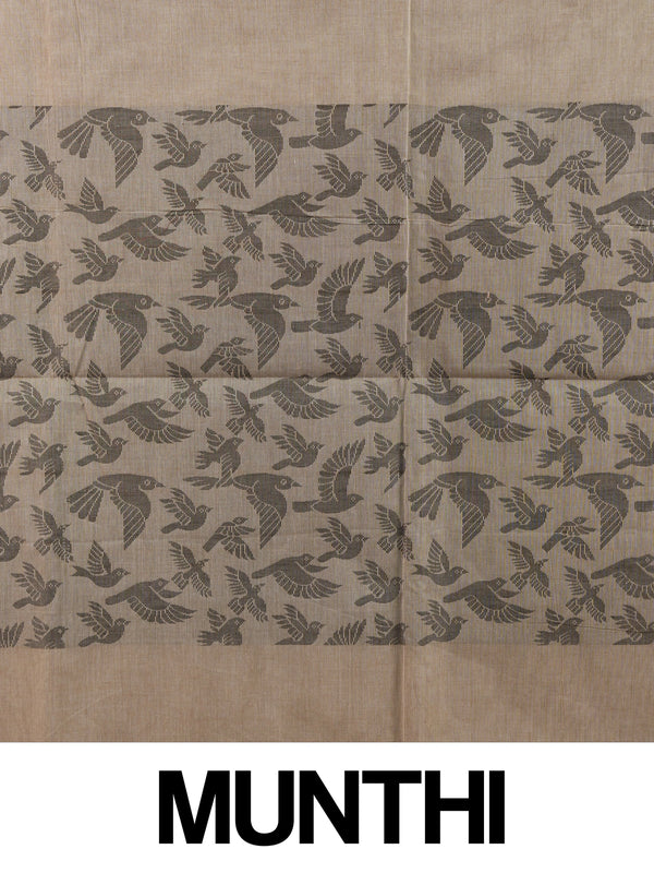 Beige silk cotton saree with grey and maroon flying-bird motifs and a bird-patterned pallu