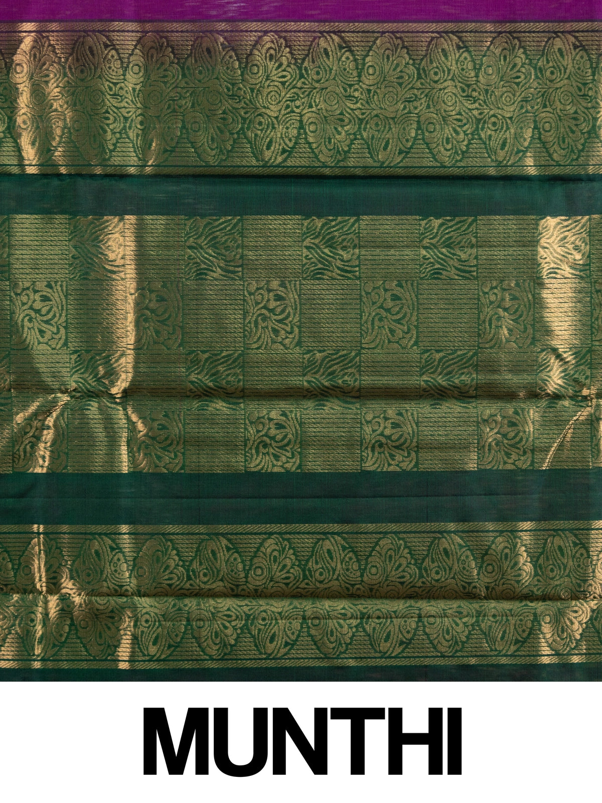 Magenta purple pure silk cotton saree with contrast green gold zari border and buttas