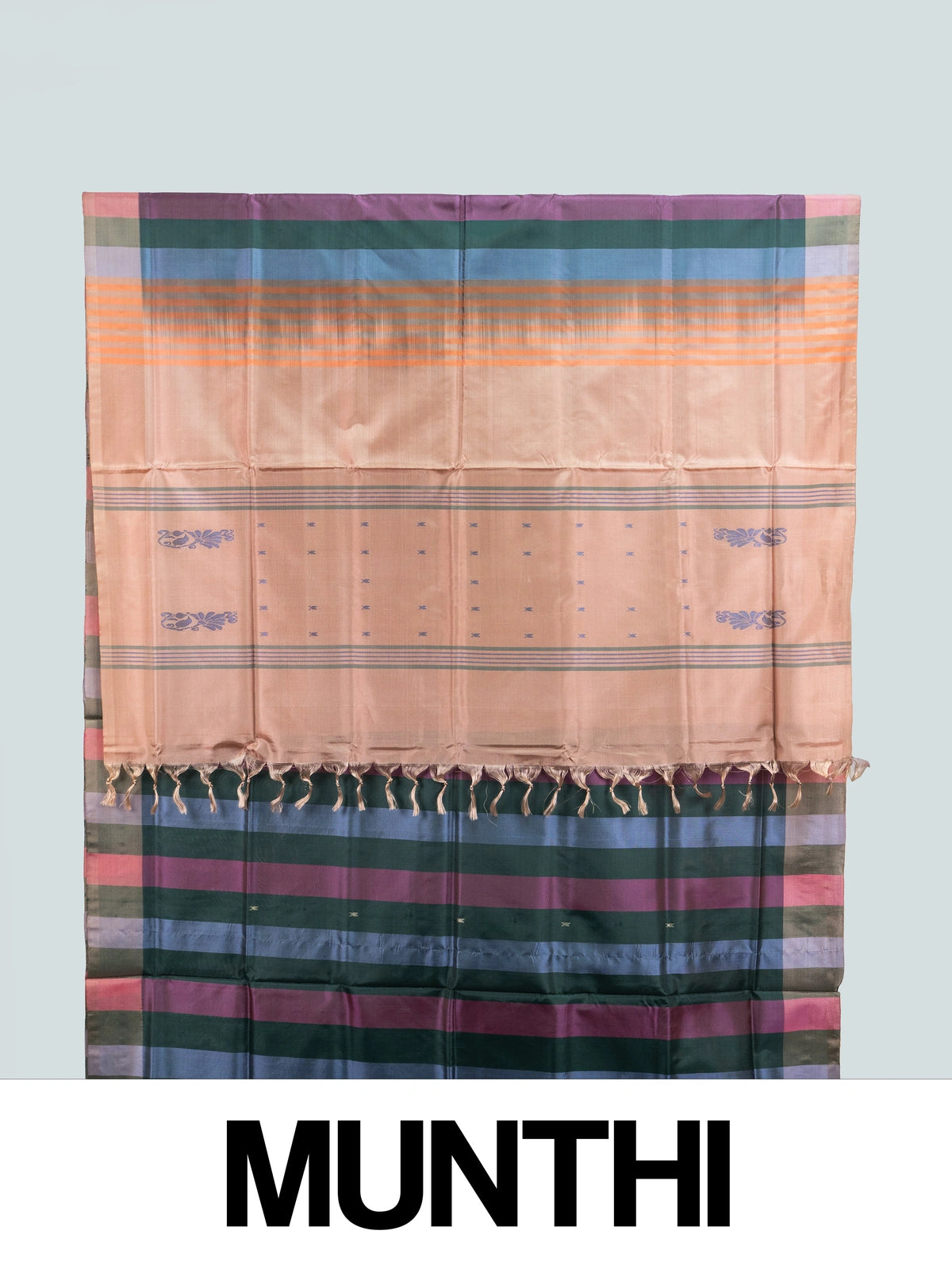 Multicolour checked Banana Silk saree with peach striped floral-butta pallu and contrast border