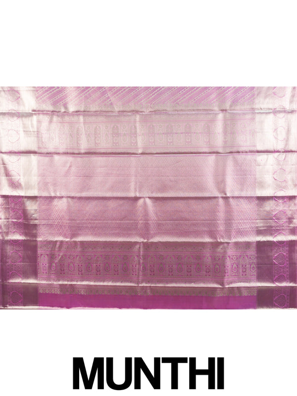 Mauve pink pure Kanchipuram silk saree with silver zari chevron weave and contrast border