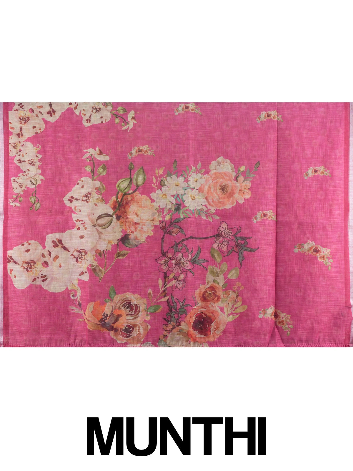 Pink floral linen cotton saree with watercolour floral pallu and silver zari border