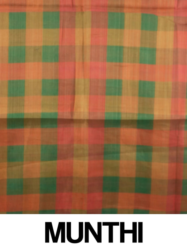 Cream linen cotton saree with multicoloured checked border, scattered square motifs and checked pallu