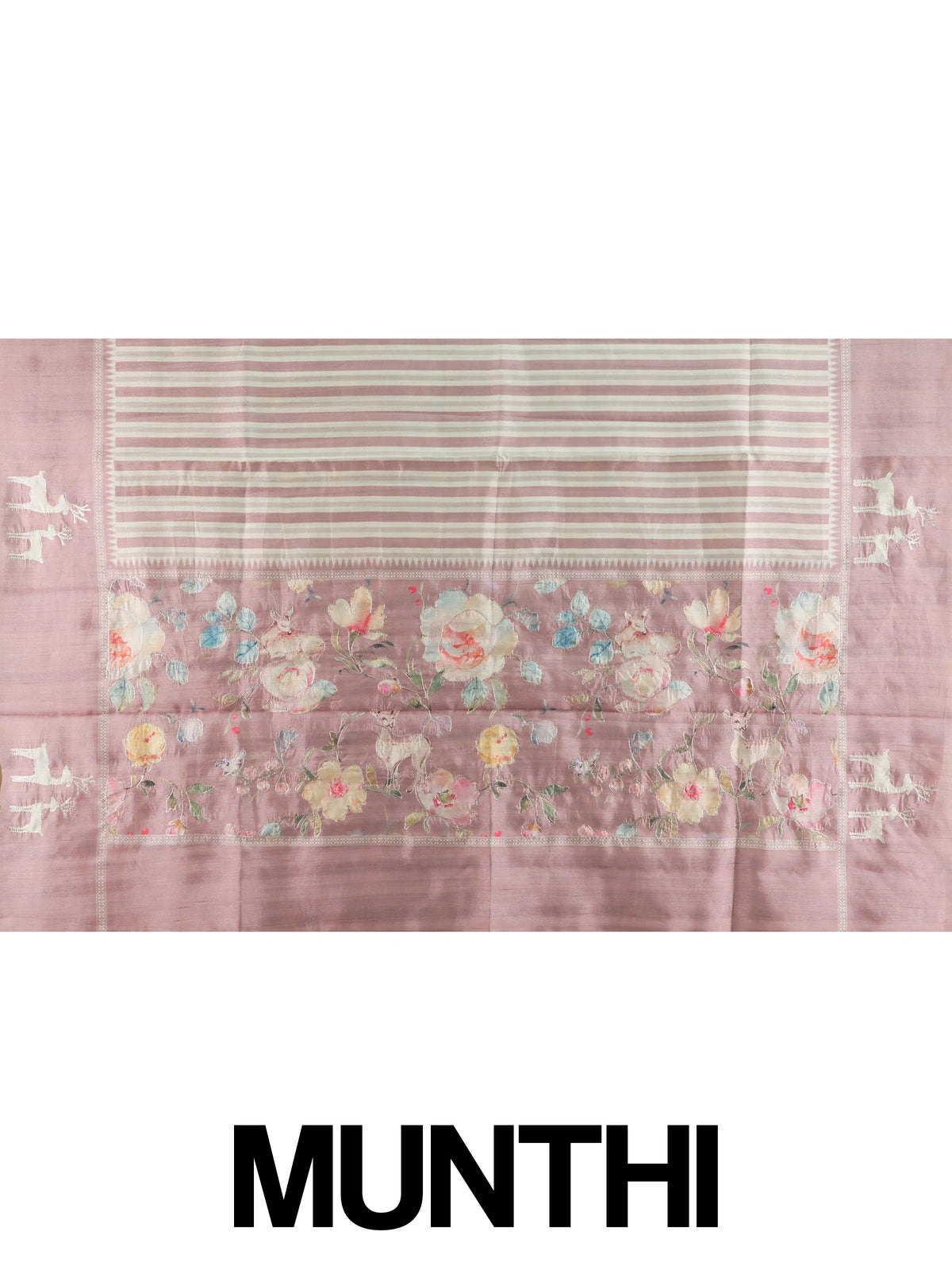 Dusty pink and cream designer silk saree with deer motifs and floral embroidered pallu
