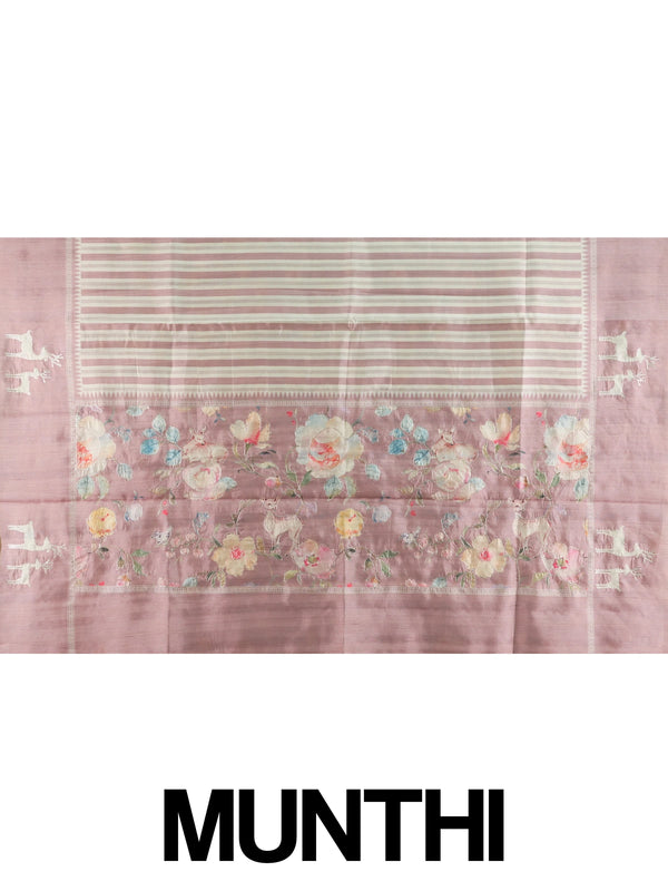 Dusty pink and cream designer silk saree with deer motifs and floral embroidered pallu