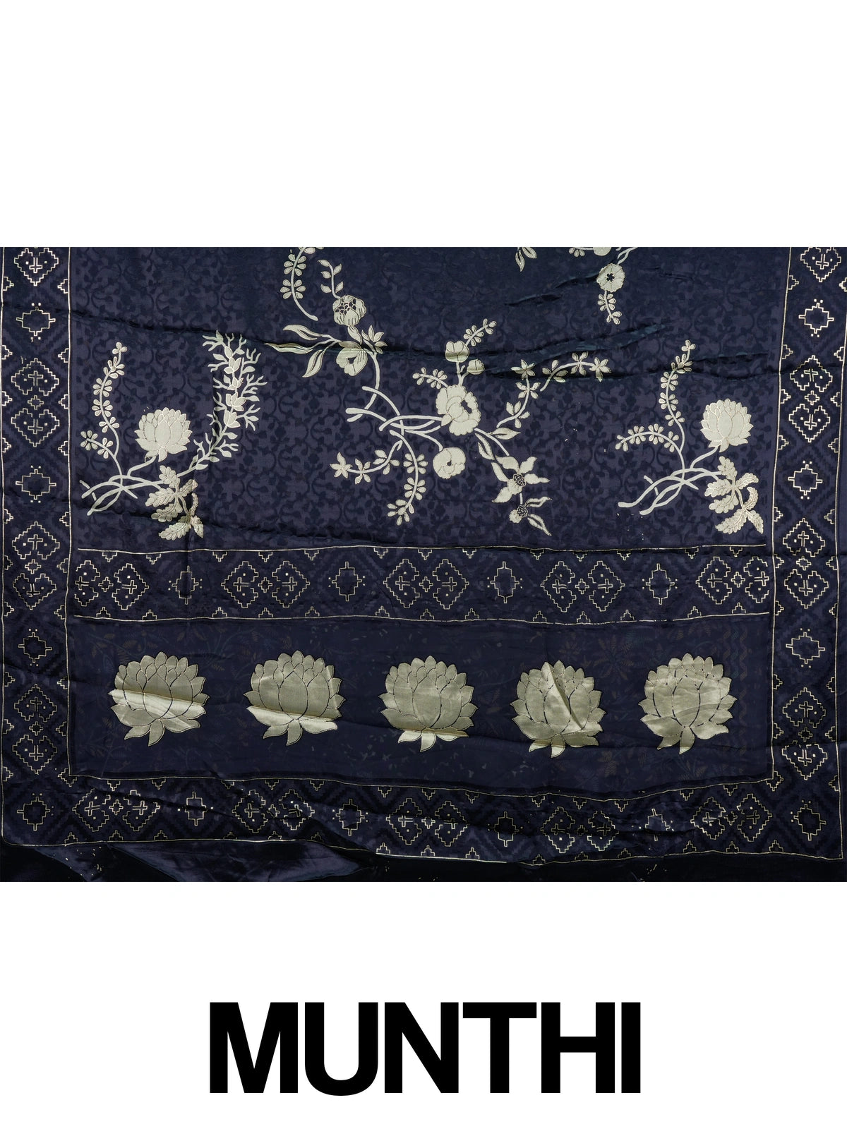 Navy blue designer saree with gold floral print, lotus pallu motifs and patola geometric border