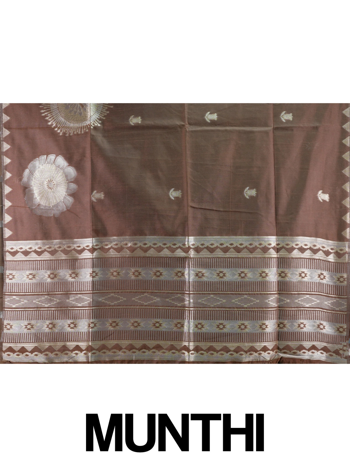 Brown semi tussar saree with gold and silver zari buttas, temple border and floral medallion pallu